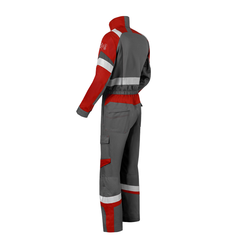 Rückansicht des HaVeP 5Safety Image+ 20290 MultiNorm Overall APC1 in Grau-Rot mit Reflexstreifen und funktionalen Arbeitstaschen