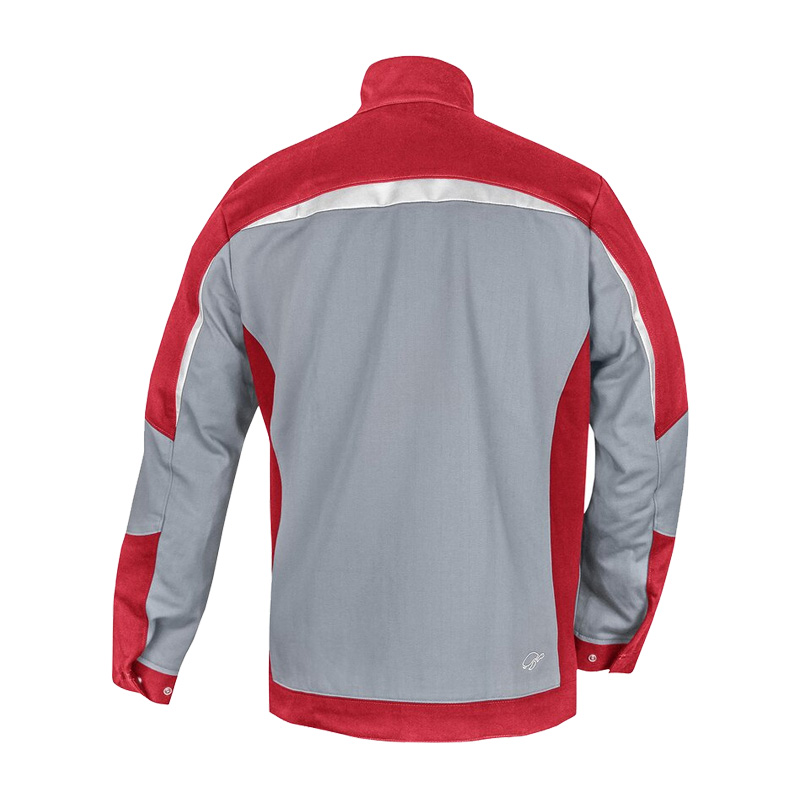 Rückansicht der HB ArcSelect MultiNorm Jacke 4 kA | APC1 von HB Protective Wear in Rot-Grau mit Stehkragen und reflektierenden Details
