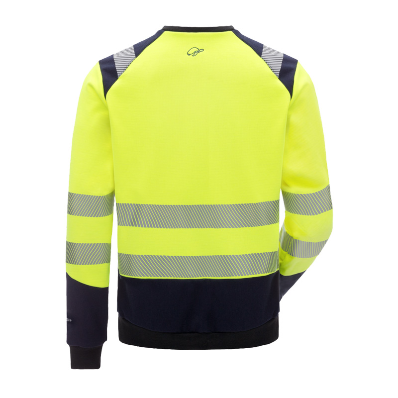 Rückansicht des HB MODarc & vis MultiNorm Warnschutz Sweatshirts 4 kA APC1 von HB Protective Wear in Gelb/Marine mit Reflexstreifen