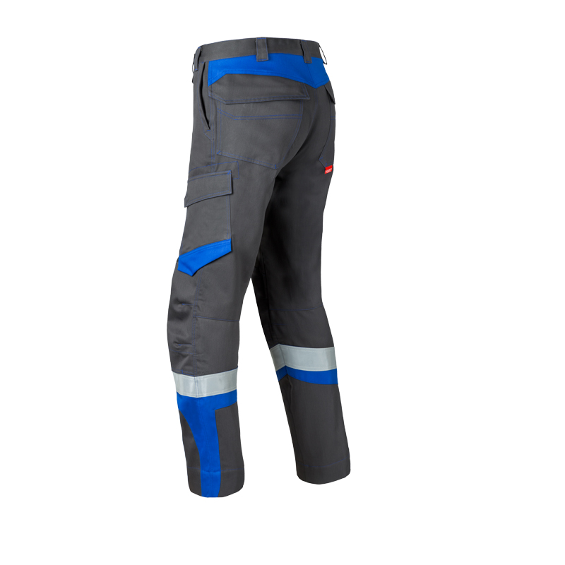 Rückansicht der HaVeP 5Safety Image+ 80345 MultiNorm Hose APC2 in Grau-Blau mit Reflexstreifen und Seitentaschen
