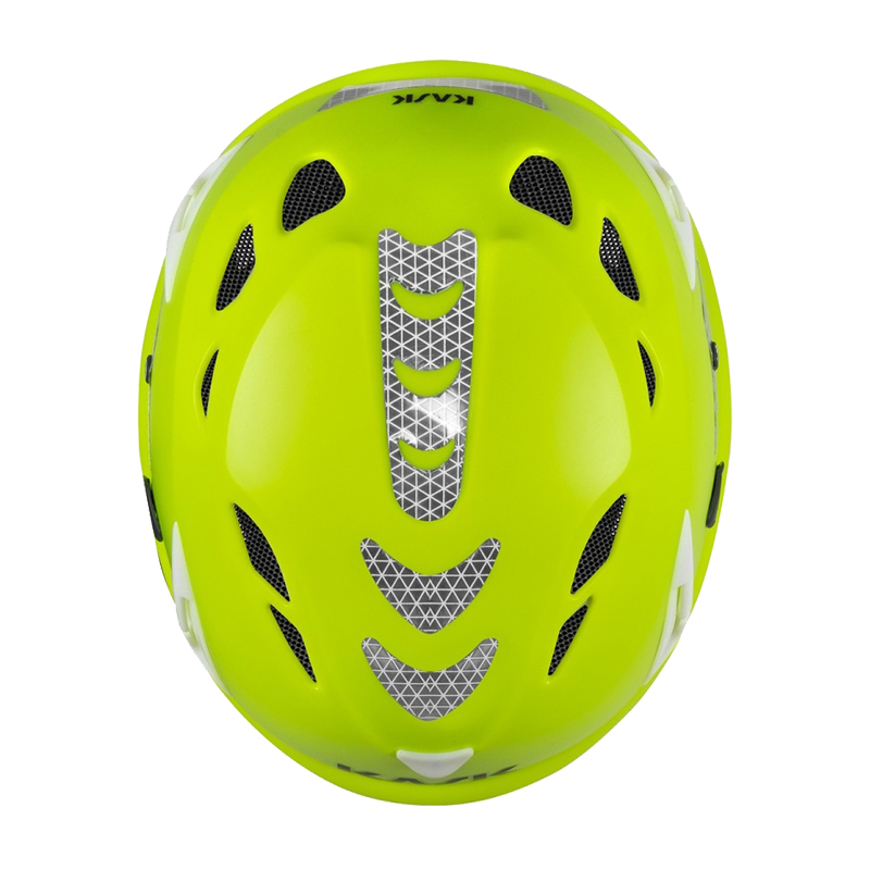 Kask SUPERPLASMA AQ HI VIZ Industriehelm EN 397, neon gelber Schutzhelm in Draufsicht mit Lüftungsöffnungen und reflektierenden Details