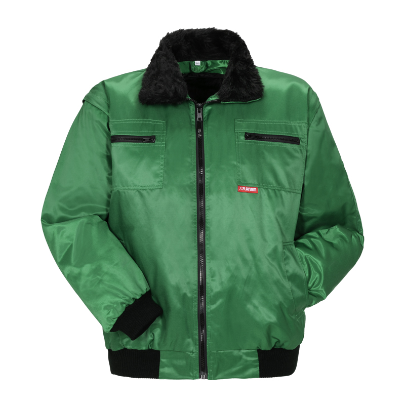 Planam Gletscher Comfort Jacke 3 in 1 nach EN 342 von Planam, grüne gefütterte Winter-Arbeitsjacke mit schwarzem Kragen und Reißverschluss