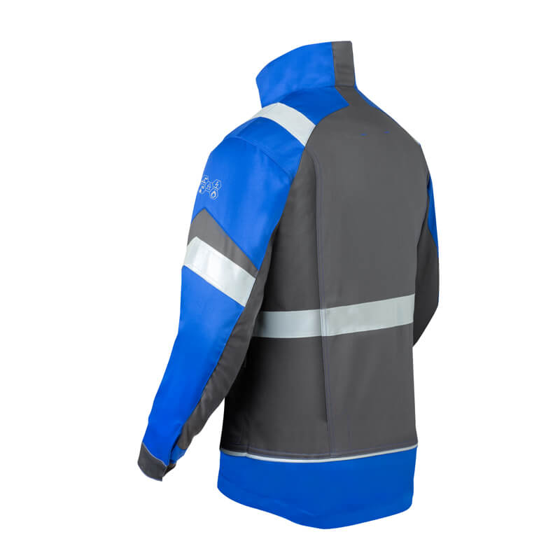 Rückansicht der HaVeP 5Safety Image+ 50285 MultiNorm Jacke | APC1 in Blau/Grau mit umlaufenden Reflexstreifen und hohem Kragen