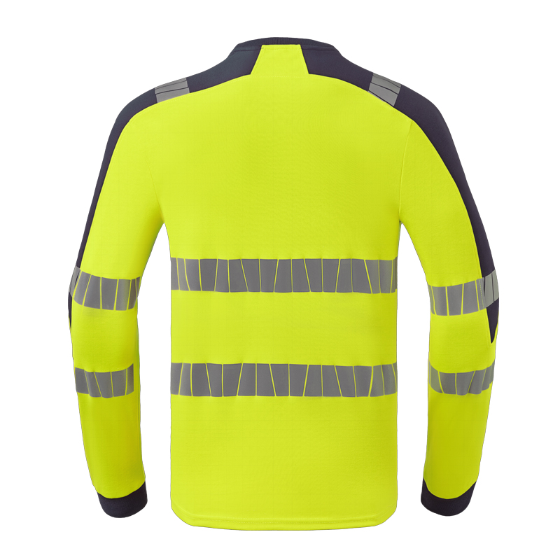 Rückansicht des HaVeP MultiNorm Hi-Vis Warnschutz T-Shirts inhärent in Gelb mit langen Ärmeln, dunklen Kontrasteinsätzen und umlaufenden Reflexstreifen