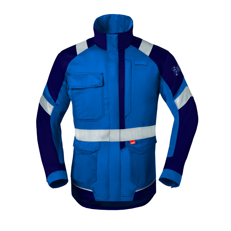 HaVeP 5Safety Image+ 50388 MultiNorm Damen Jacke APC1, blaue Schutzjacke mit dunklen Einsätzen, Stehkragen, Taschen und Reflexstreifen für sichere Arbeitsbereiche