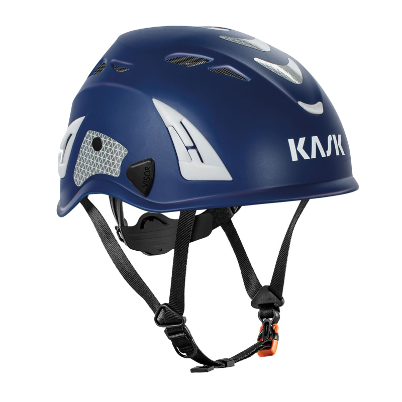 Kask SUPERPLASMA AQ HI VIZ Industriehelm EN 397, blauer Schutzhelm mit Belüftung, reflektierenden Elementen und Kinnriemen