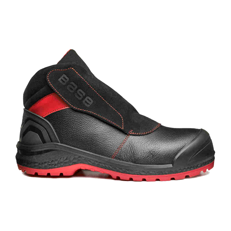 BASE Sparkle S3 HRO CI HI SRC Sicherheitsstiefel B0880 von BASE, schwarzer Arbeitsstiefel mit roter Sohle und Klettlasche in Seitenansicht