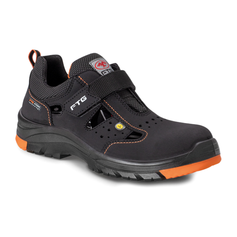 FTG Charon S1P ESD Sicherheitssandale metallfrei in Schwarz aus Sicherheitsnubukleder mit Klettverschluss und rutschfester Sohle, Modell Gemini Line