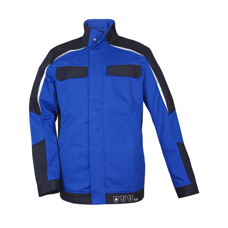 Vorderansicht der HB ArcSelect MultiNorm Jacke 4 kA | APC1 von HB Protective Wear in Blau-Schwarz mit Stehkragen und Brusttaschen