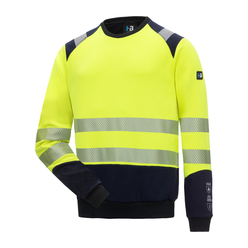 HB Protective Wear MODarc & vis MultiNorm Warnschutz Sweatshirt 4 kA APC1, gelb mit navyfarbenen Bündchen und Reflexstreifen