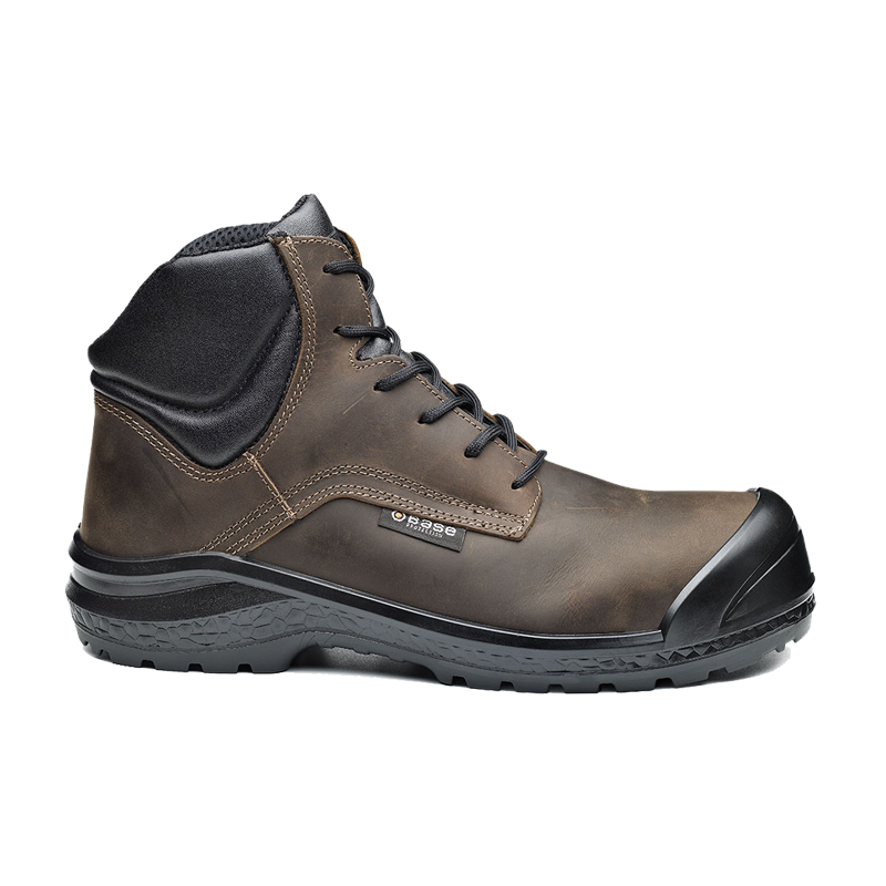 BASE Be-Browny Top S3 Sicherheitsstiefel B0883 metallfrei in Braun-Schwarz, seitliche Ansicht mit Schutzkappe und hohem Schaft