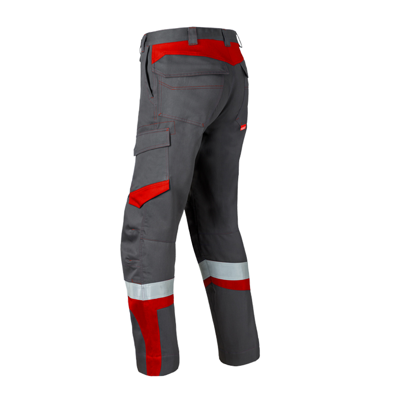Rückansicht der HaVeP 5Safety Image+ 80340 MultiNorm Hose APC1 in Grau-Rot mit Reflexstreifen und Seitentasche