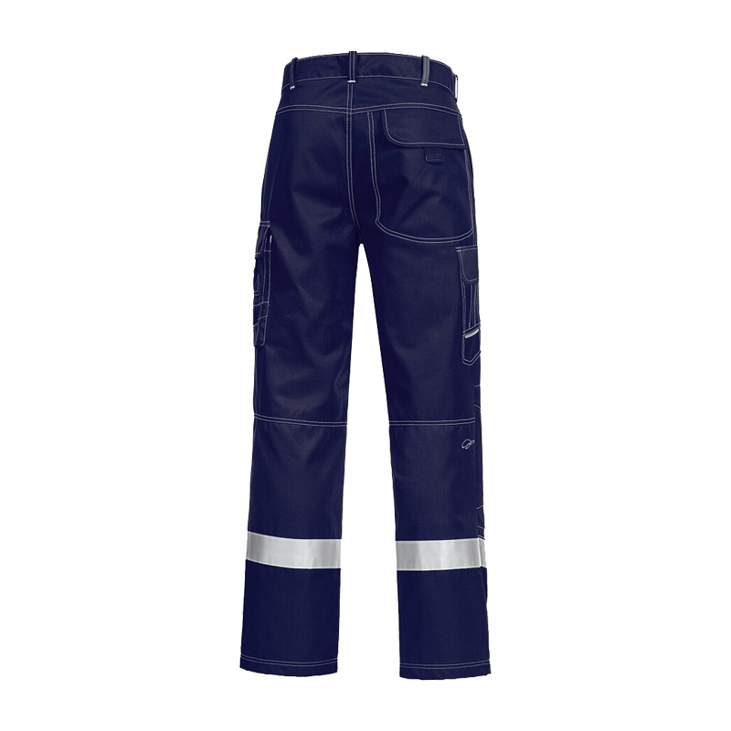 Rückansicht der HB Protective Wear HB MODarc mit Reflex MultiNorm Hose 4 kA | APC1 in Dunkelblau mit aufgesetzten Taschen und Reflexstreifen am Bein
