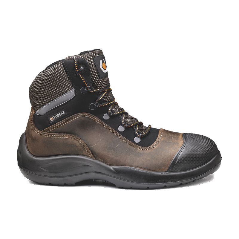 BASE Raider Top S3 Sicherheitsstiefel B0416N von BASE, braun-schwarzer Sicherheitsstiefel mit hohem Schaft, robuster Zehenschutzkappe und profilierter Sohle