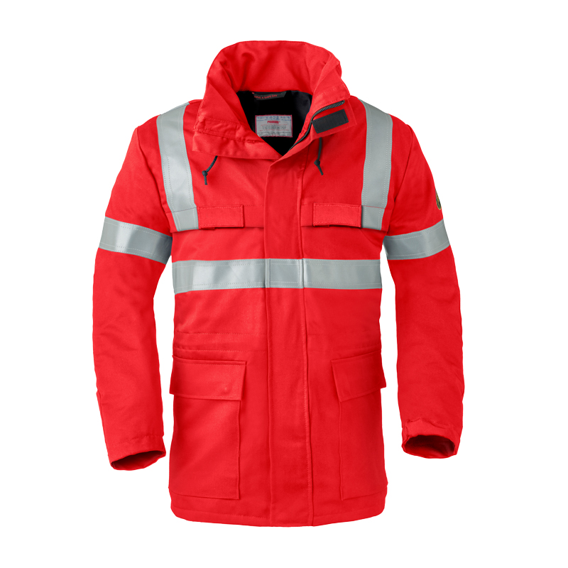 HaVeP 5Safety 40070 MultiNorm Wetterschutz Parka APC2 von HaVeP, roter Schutzparka mit Kapuze und silbernen Reflexstreifen, Frontansicht