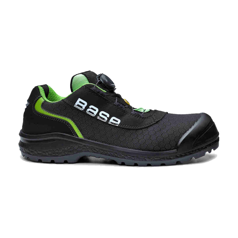 Schwarzer BASE Be-Ready S1P ESD Sicherheitsschuh B0822 mit grünen Details und BOA Schnellschnürung, metallfrei und antistatisch