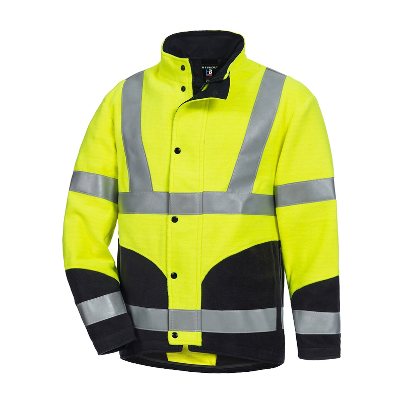 HB MODarc&vis MultiNorm Warnschutz Fleecejacke 4 kA | APC1 von HB Protective Wear, gelb-schwarze Fleecejacke mit umlaufenden silbernen Reflexstreifen und Stehkragen