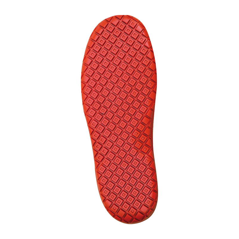 Unterseite der roten DUO-SOFT-GRIP-Sohle des SCHÜTZE 4343 Dachdecker Profi S3 Sicherheitsstiefels mit rutschhemmendem Profil für professionelle Dacharbeiten