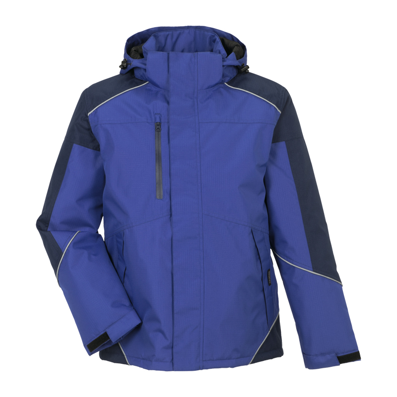 Planam Desert Jacke wasserdichter Wetterschutz, blaue Outdoor-Arbeitsjacke mit Kapuze und Kontrastdetails, Frontansicht