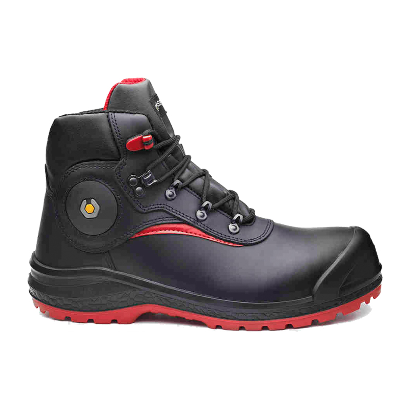 BASE Be-Stone S3 CR HRO HI CI AN Sicherheitsstiefel B0891C von BASE, schwarzer Sicherheitsstiefel mit roter Sohle und Zehenschutzkappe in Seitenansicht