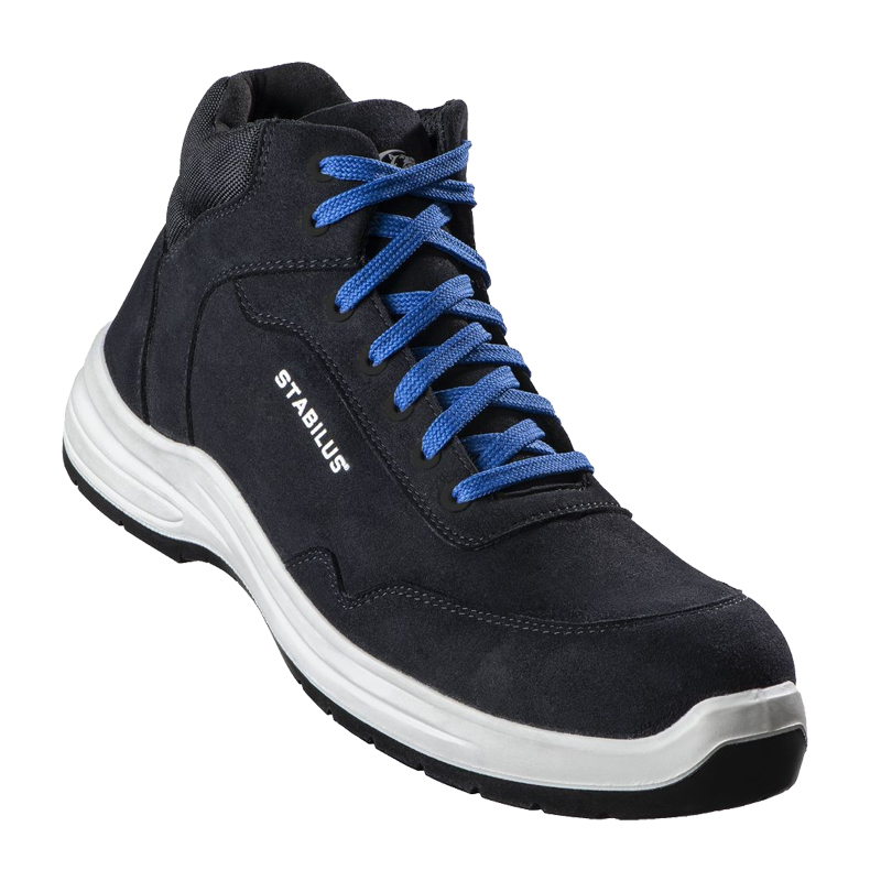 Stabilus Jorden Mid Black ESD S3 Sicherheitsstiefel 7330, metallfrei, schwarzer Mid-Cut-Arbeitsstiefel mit blauen Schnürsenkeln und heller Sohle