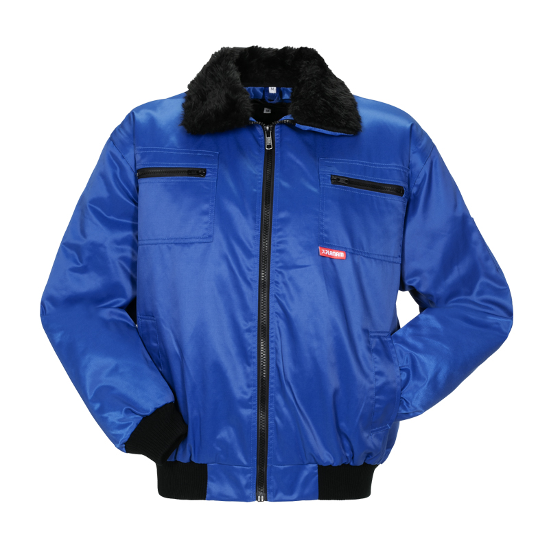 Planam Gletscher Comfort Jacke 3 in 1 nach EN 342 als blaue Winter-Arbeitsjacke mit schwarzem Webpelzkragen, Frontansicht