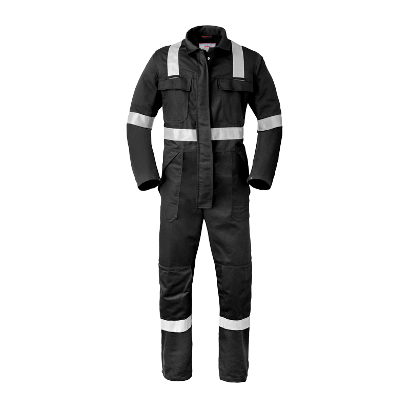 HaVeP 5Safety 2033 MultiNorm Overall APC1, schwarzer Schutzoverall mit silbernen Reflexstreifen, Frontansicht