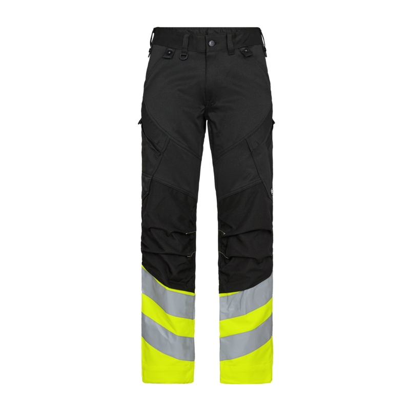 ENGEL Safety Stretch Warnschutz Hose Klasse 1 | 2546-314, schwarze Arbeitshose mit fluoreszierend gelben Beinabschlüssen und breiten Reflexstreifen