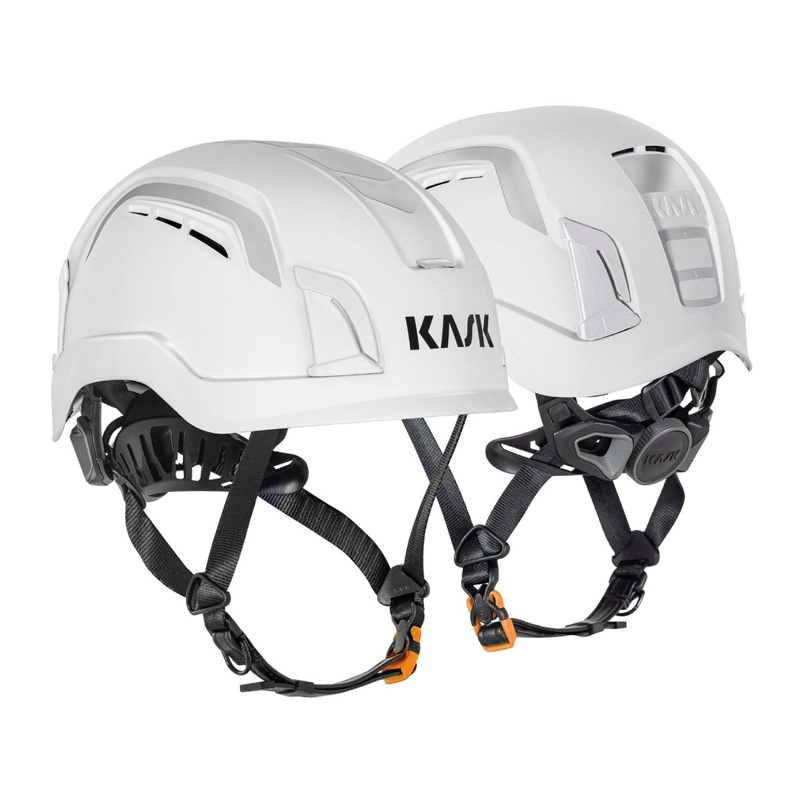 KASK ZENITH-X PL HI VIZ Kletterhelm EN 12492 in Weiß mit Belüftungsöffnungen, Kinnriemen und passgenauem Industriesitz, gezeigt in Vorder- und Rückansicht
