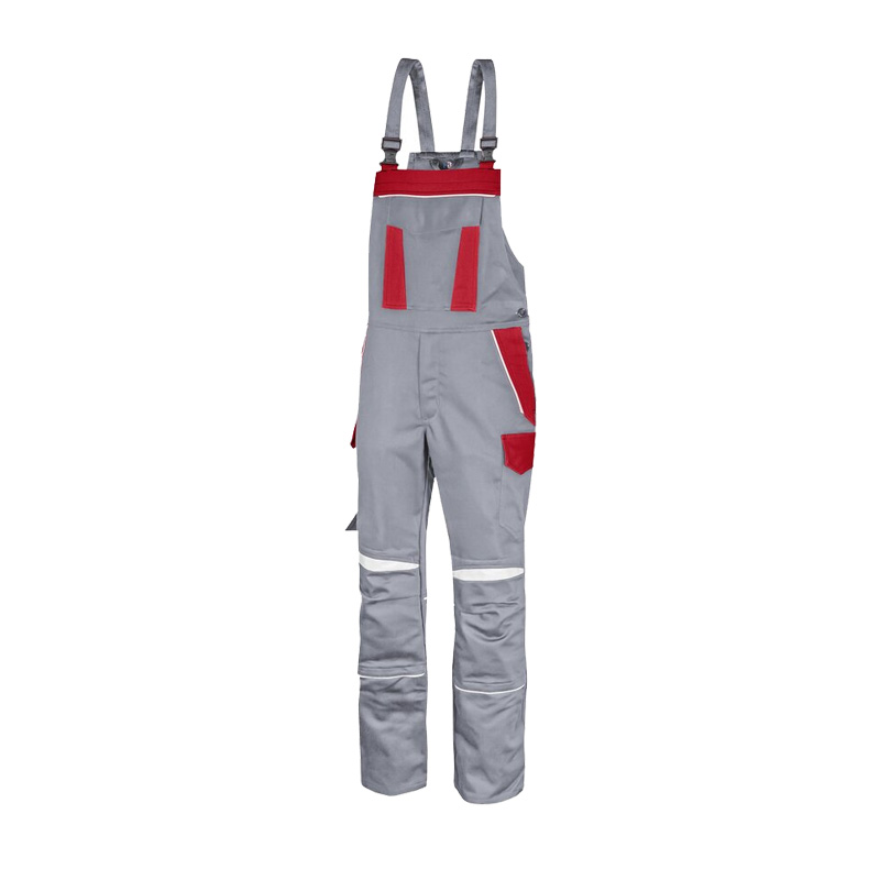 Graue und rote HB ArcSelect MultiNorm Latzhose 4 kA + 7 kA APC2 von HB Protective Wear, flammhemmend, antistatisch und Störlichtbogen-Schutzklasse 2