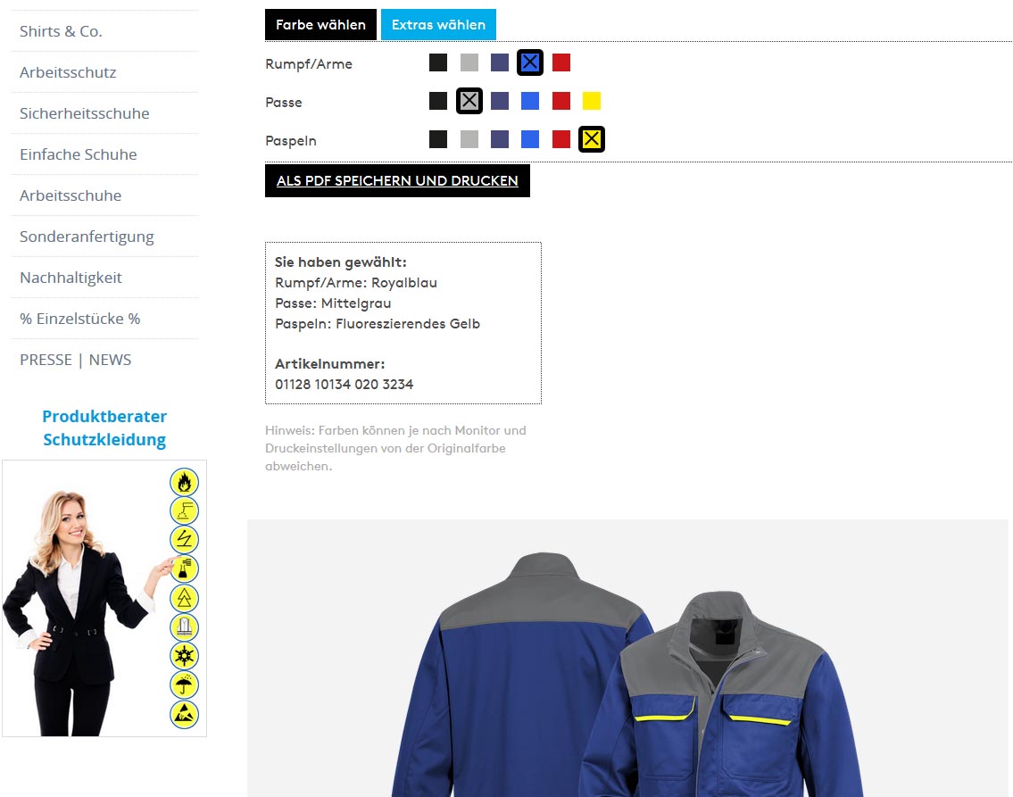 Screenshot eines Produktkonfigurators für eine Arbeitsjacke: Rumpf und Ärmel royalblau, Passe mittelgrau, Paspeln fluoreszierend gelb, gezeigt in Vorder- und Rückansicht