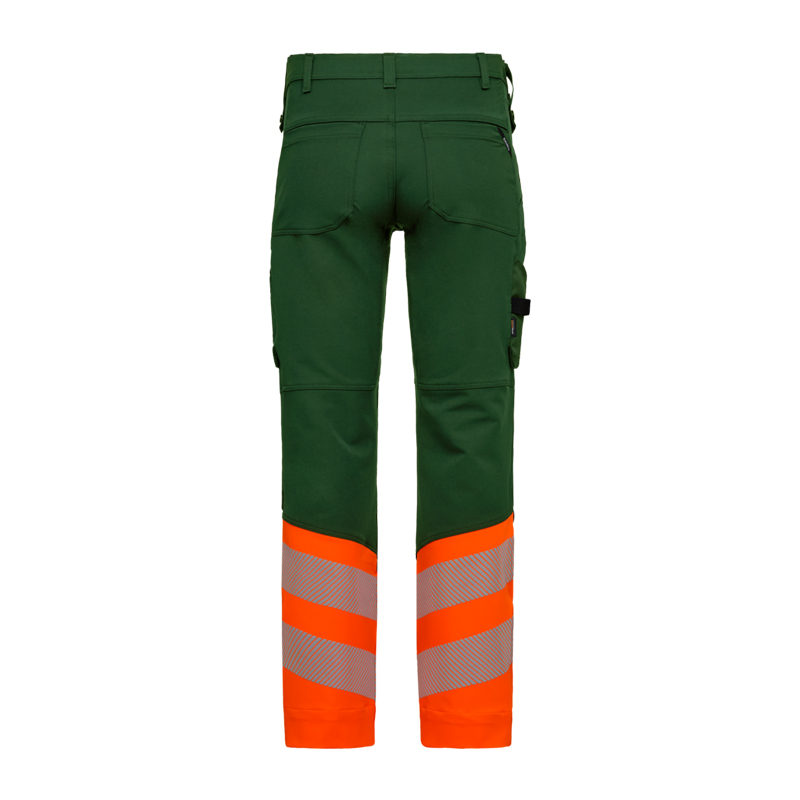 Rückansicht der ENGEL Safety Stretch Warnschutz Hose Klasse 1 2346-124 in Grün und Orange mit reflektierenden Beinabschlüssen