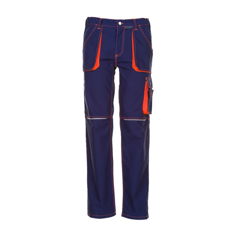 Planam Basalt Neon Bundhose von Planam, dunkelblaue Arbeitshose mit neonorangen Kontrasten und praktischen Taschen, Vorderansicht