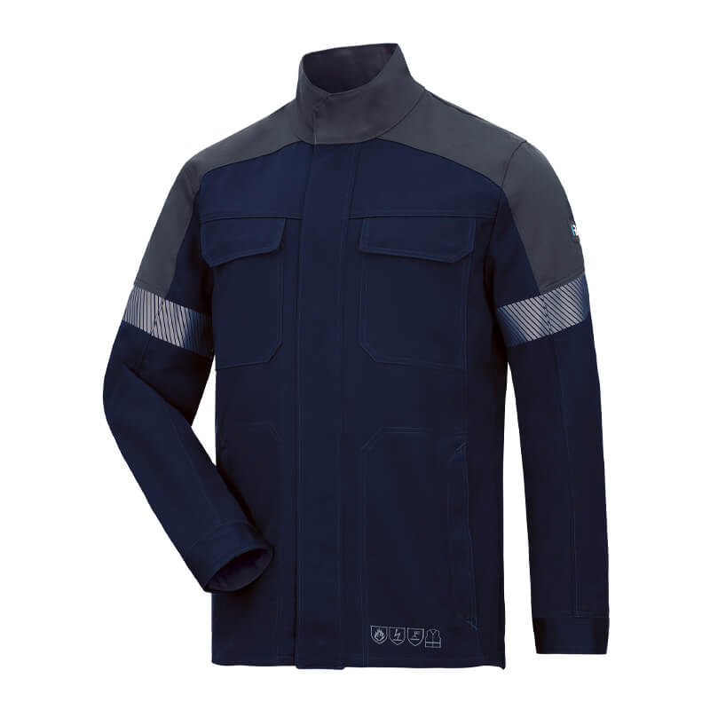 HB HeavyMetal Pro 340 Gießerei Jacke D2 + E2 von HB Protective Wear, dunkelblaue Schutzjacke mit Stehkragen und reflektierenden Ärmeldetails
