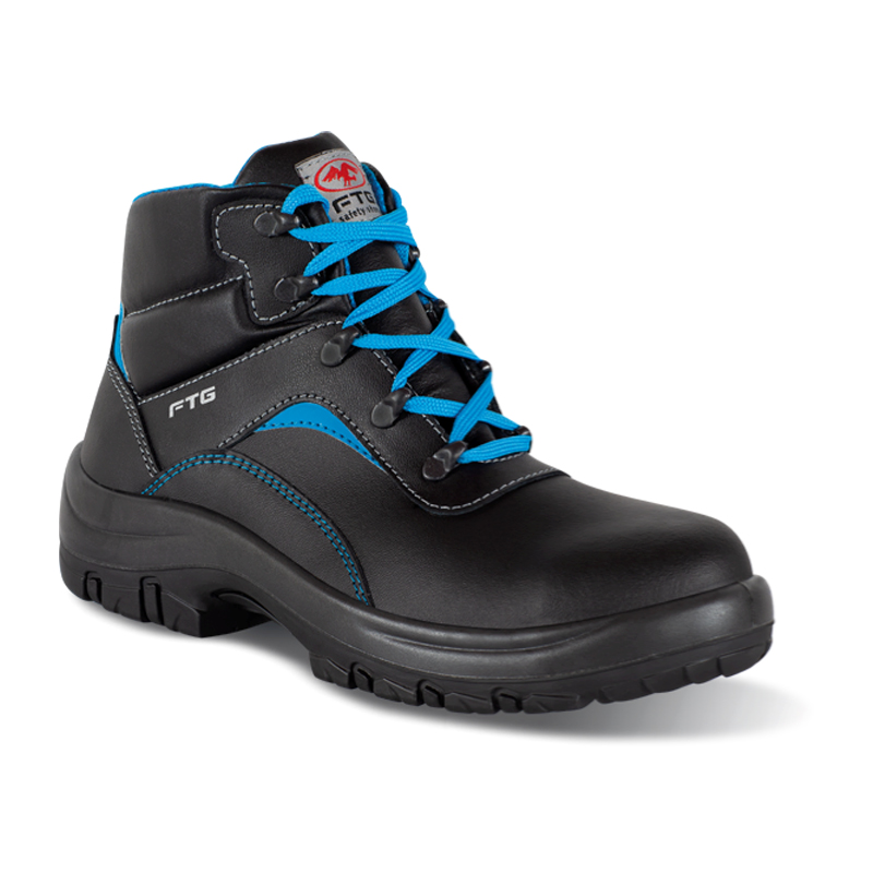 FTG Kronos S3S Sicherheitsstiefel mit Kälteschutz, metallfrei, aus schwarzem Vollrindleder mit blauen Schnürsenkeln und robuster Profilsohle