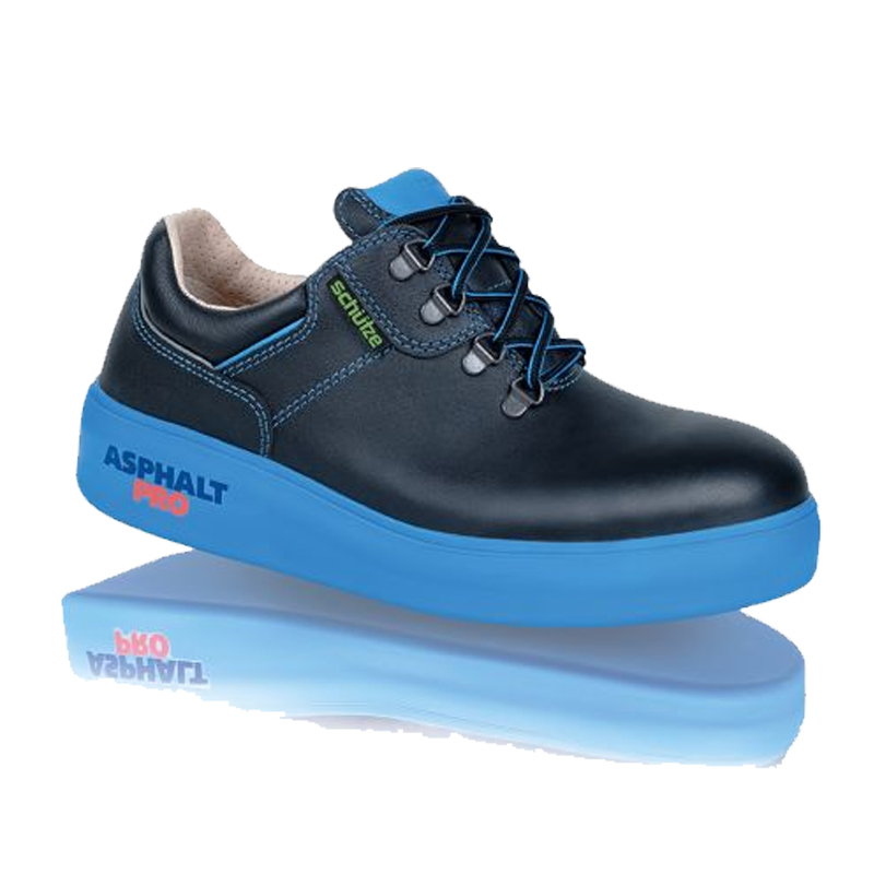 SCHÜTZE 6232 Asphalt PRO S2 Sicherheitsschuhe HI CI HRO, schwarzer Arbeitsschuh mit blauer Sohle und Schnürung, Seitenansicht
