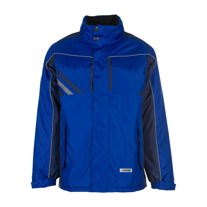 Planam Highline Winter Jacke von Planam in Blau und Marine, warme Arbeitsjacke in Vorderansicht mit Stehkragen und Brusttaschen