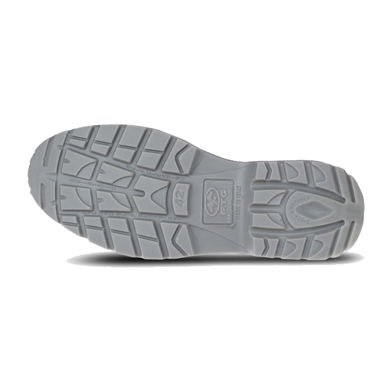 Unteransicht der rutschhemmenden Laufsohle des metallfreien FTG Relay S1PS ESD Sicherheitsschuhs aus der Sport Line in Grau