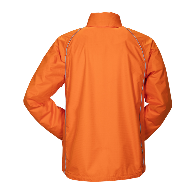 Rückenansicht der Planam Monsun Regen Jacke in Orange, wasserdicht und atmungsaktiv, mit hohem Kragen und reflektierenden Paspeln