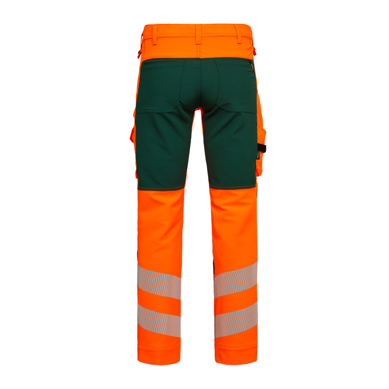Rückansicht der ENGEL Safety Stretch Warnschutz Hose Klasse 2 | 2345-124 in Orange mit Reflexstreifen und dunklen Stretch-Einsätzen