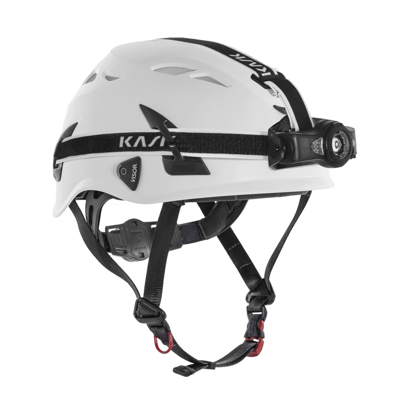 KASK KL-2 HEAD LAMP Stirnlampe IP54 mit 5 Funktionen, montiert an weißem Kask Industriehelm, professionelle Helmleuchte für starke Arbeitsbeleuchtung