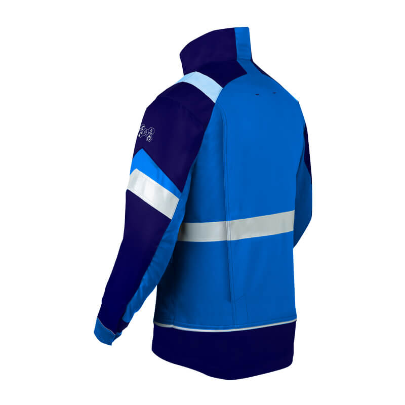 Rückansicht der HaVeP 5Safety Image+ 50285 MultiNorm Jacke APC1 in Blau mit dunklen Kontrasteinsätzen und umlaufenden Reflexstreifen am Rücken und Ärmel