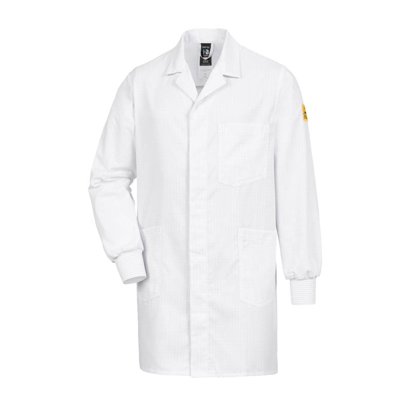 Weißer HB Naptex 4.0 ESD Mantel mit Strickbündchen von HB Protective Wear, antistatischer Arbeitsmantel mit Kragen und Taschen