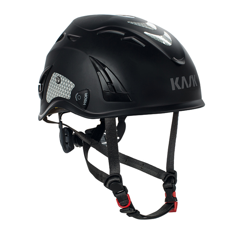 Kask SUPERPLASMA PL HI VIZ Kletterhelm EN 12492, schwarzer Sicherheitshelm mit Belüftungsschlitzen, Reflexelementen und Kinnriemen
