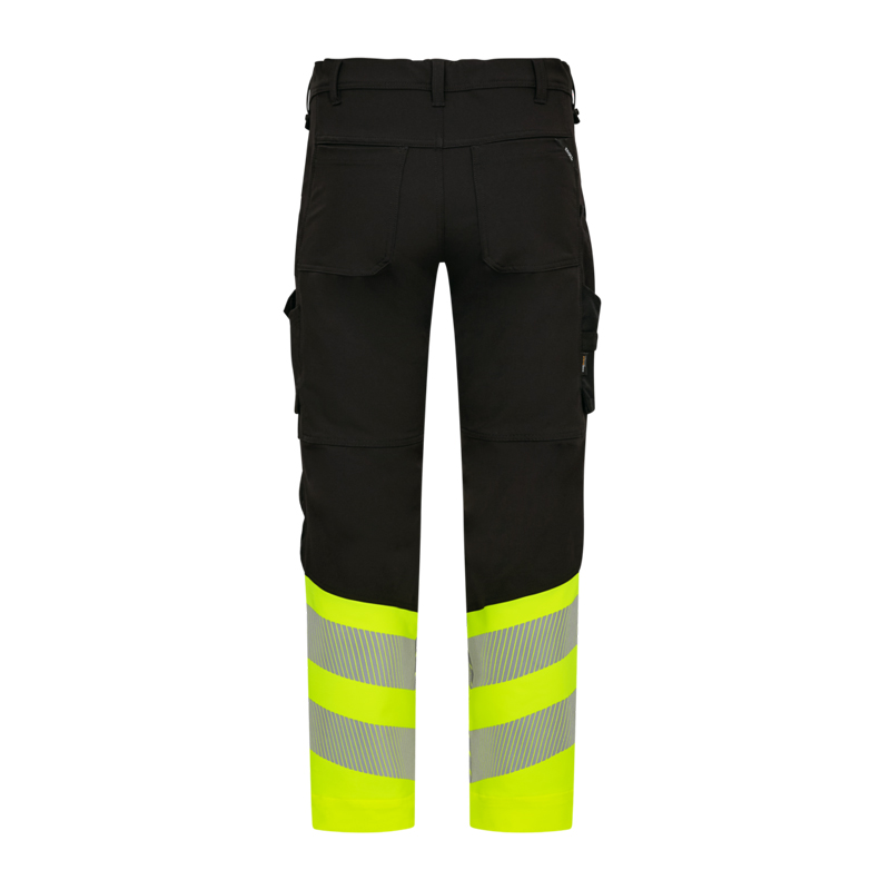 Rückansicht der ENGEL Safety Stretch Warnschutz Hose Klasse 1 2346-124 in Schwarz mit fluoreszierend gelben Hosenbeinen und umlaufenden Reflexstreifen