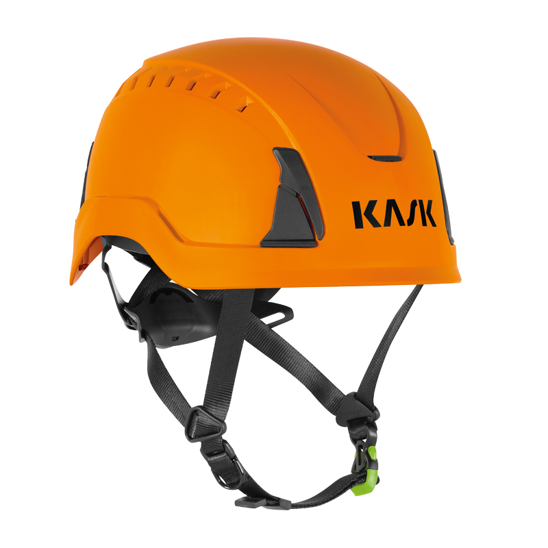 Kask KASK PRIMERO PL Kletterhelm EN 397 + EN 12492 in Orange, Seitenansicht mit Kinnriemen und Belüftungsschlitzen