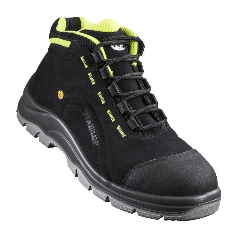 Stabilus Heinz Mid ESD S3 Sicherheitsstiefel metallfrei, schwarzer Arbeitsstiefel mit heller Sohle und grünem Innenfutter