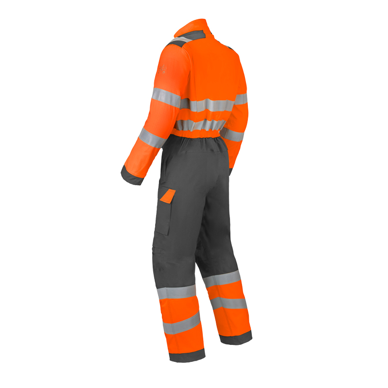 Rückansicht des HaVeP Multi Protector+ MultiNorm Warnschutz Overalls Klasse 2 APC1 in Orange/Anthrazit mit Reflexstreifen