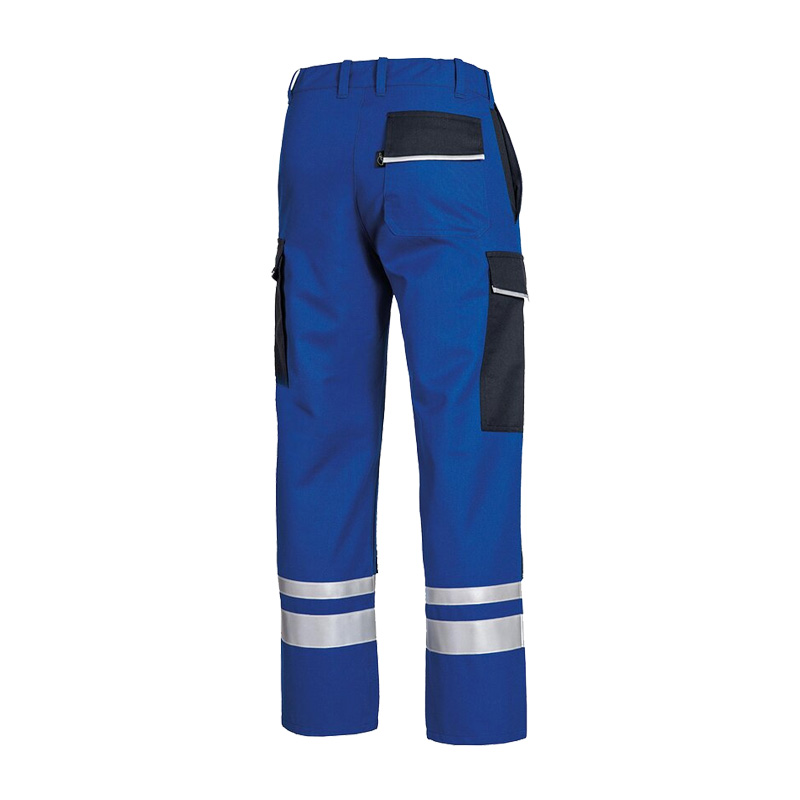 Rückansicht der blauen HB Nomex Viskose MultiNorm Hose 4 kA APC1 von HB Protective Wear mit Reflexstreifen und Taschen für sicheren Arbeitsschutz