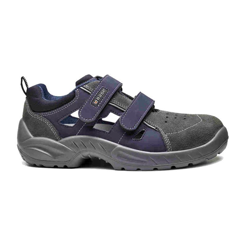 Seitliche Ansicht der BASE Central S1PS Sicherheitsandalen B0173 in Dunkelblau und Grau, atmungsaktive Arbeitssandalen mit Klettverschluss und robuster Schutzkappe